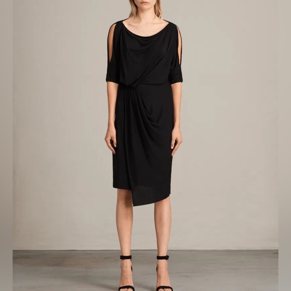 All Saints Black Asymmetric Draped Sina Dress